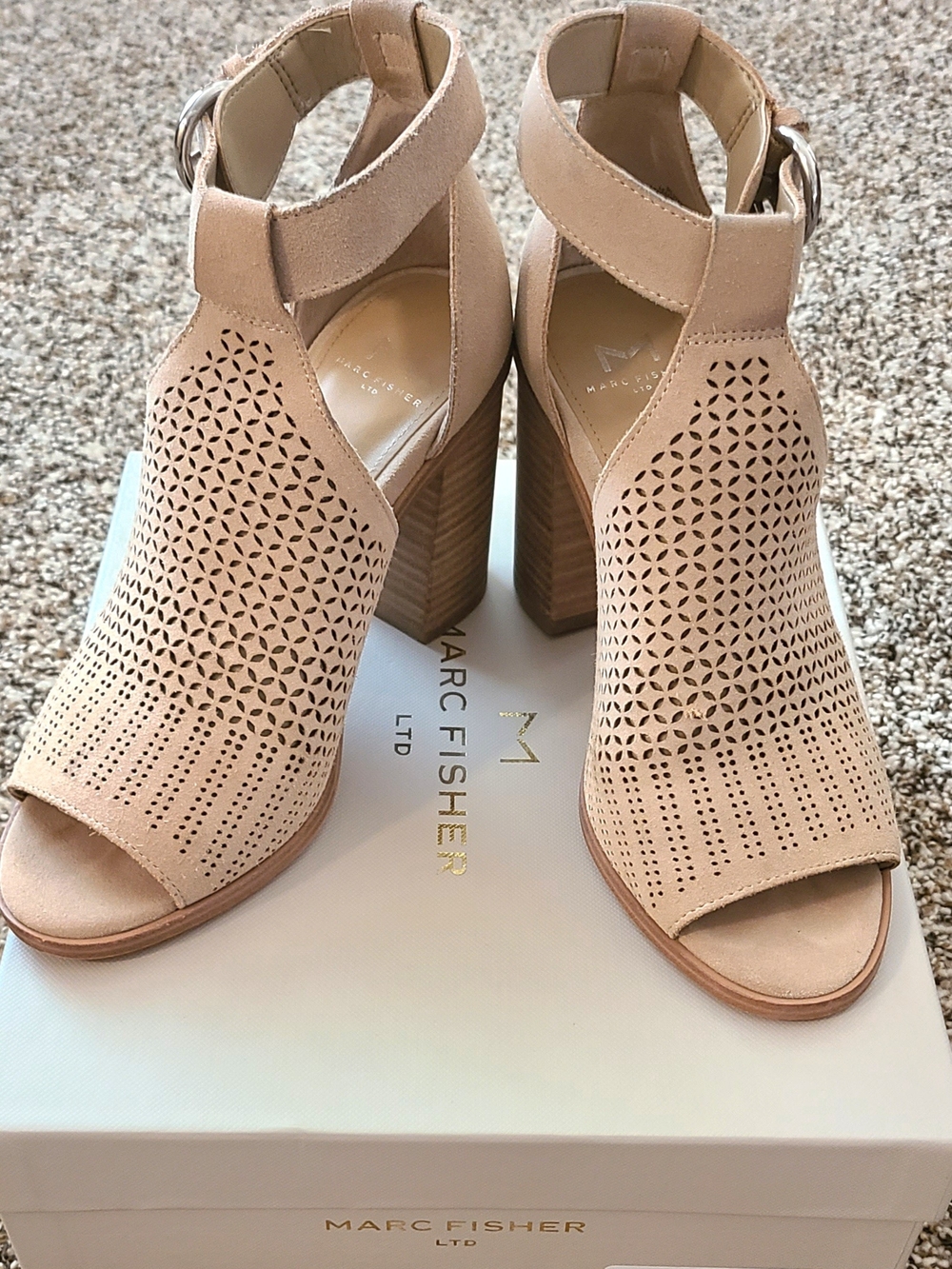 Marc Fisher Nude Laser-Cut Block Heel Sandals